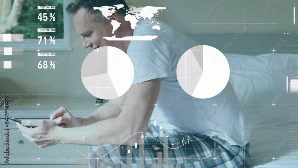 Poster animation of statistical data processing over happy caucasian man using smartphone in bed at home