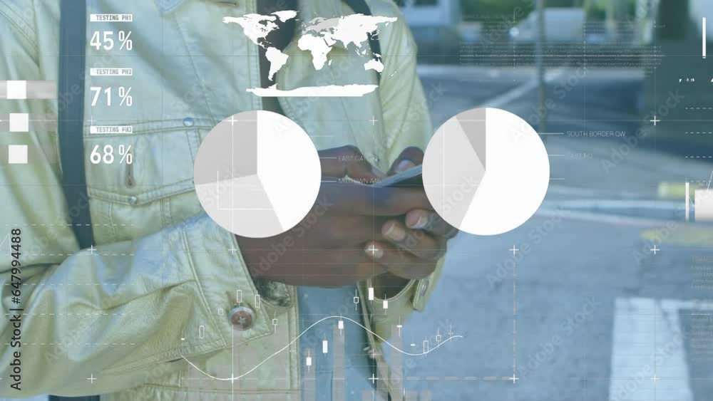 Poster animation of statistical data processing against mid section of woman using smartphone on the street