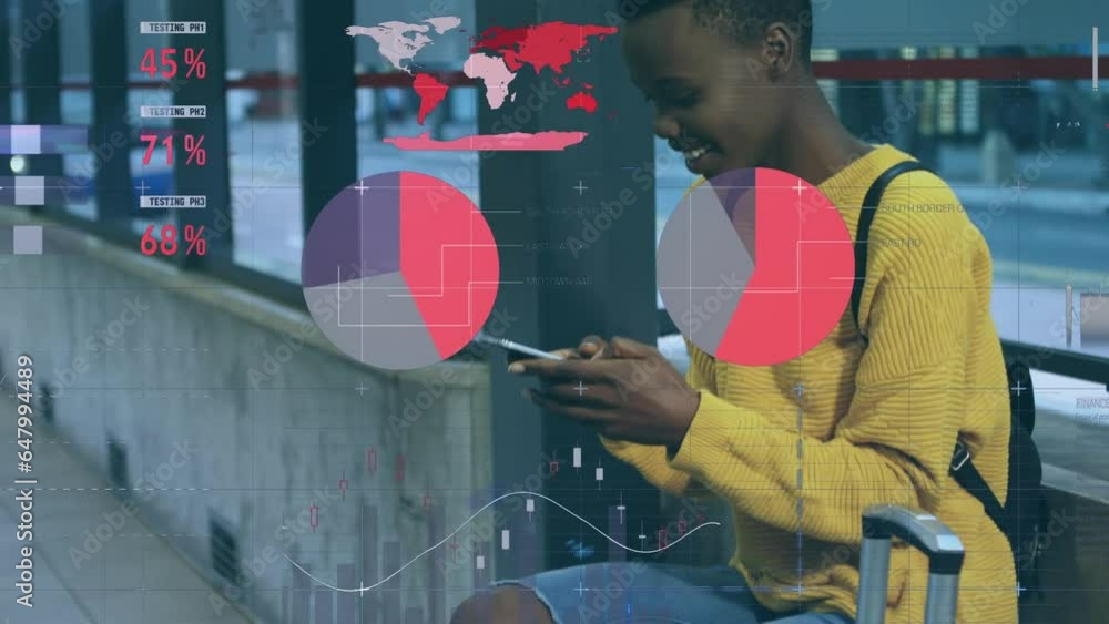Poster animation of statistical data processing over happy african american woman using smartphone