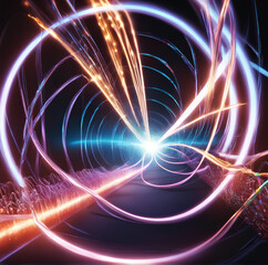 Circular light tunel intersection , depth, light speed, multicolor illustration