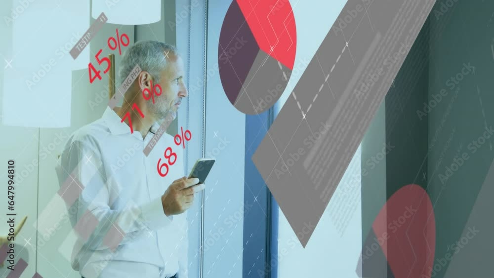 Poster animation of statistical data processing against caucasian senior man using smartphone at office