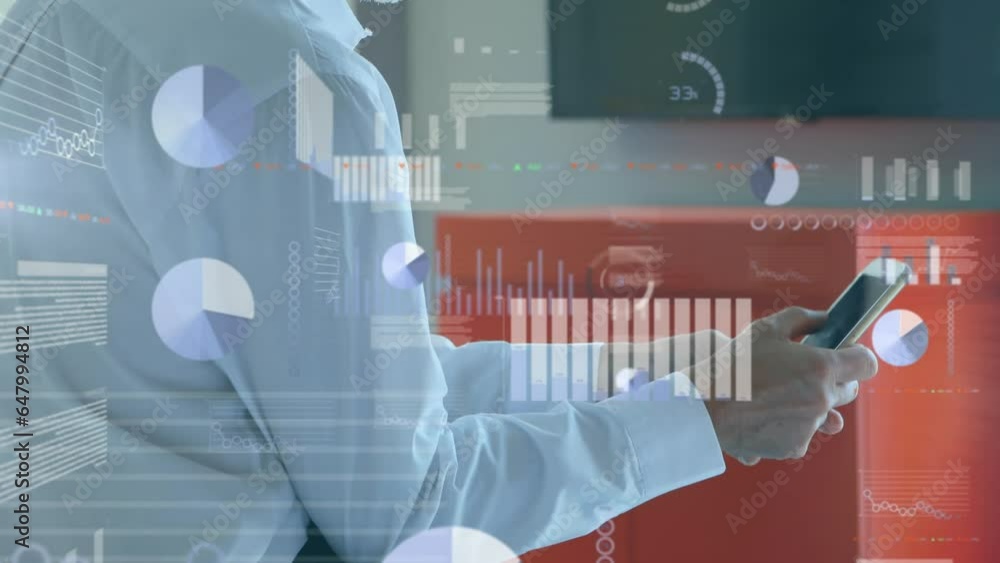 Poster animation of statistical data processing against caucasian senior man using smartphone at office