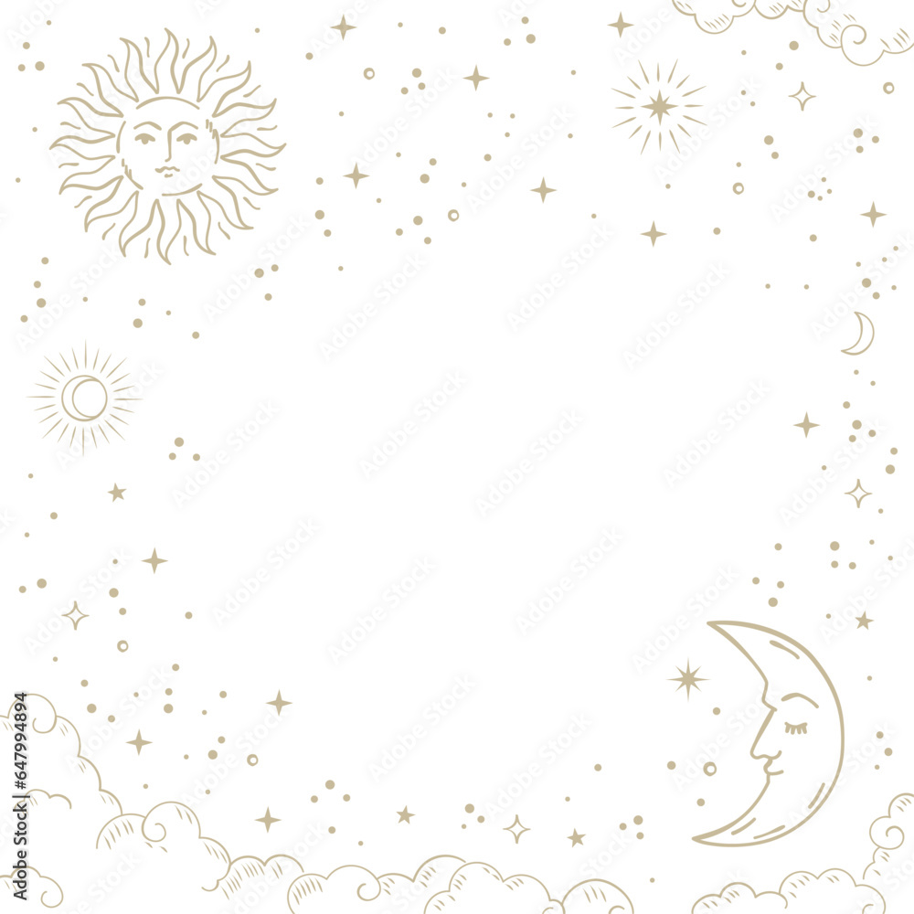 Canvas Prints gold sun and crescent moon with face background illustration. vector hand drawn mystical element.