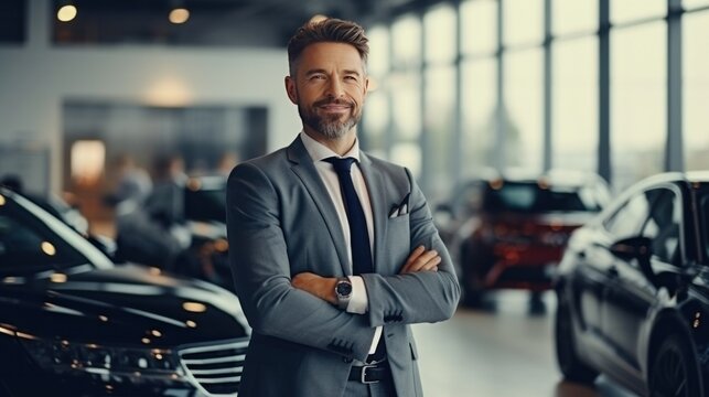  Satisfied Smiling Man Customer Buyer Businessman Client In Classic Suit Sit In Car Salon Chooses Auto Wants Buy New Automobile In Showroom Vehicle Dealership Store Motor Show Indoor Car Sales Concept