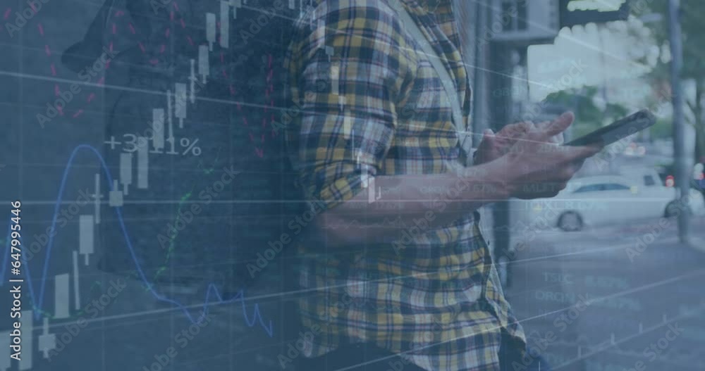 Poster animation of financial data processing over happy caucasian man using smartphone on the street