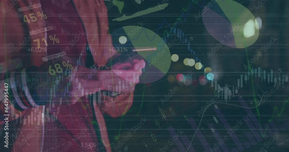 Poster animation of statistical data processing against mid section of woman using smartphone on the street