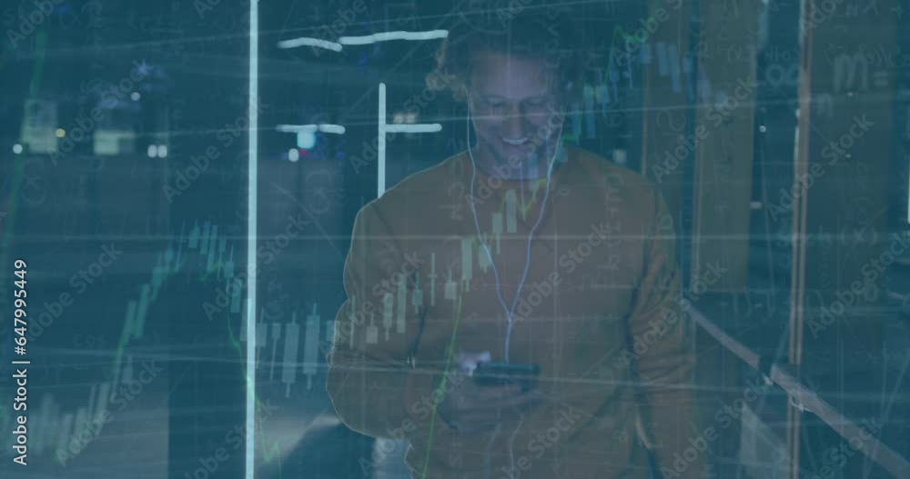Aufkleber animation of financial data processing over happy caucasian man using smartphone on the street