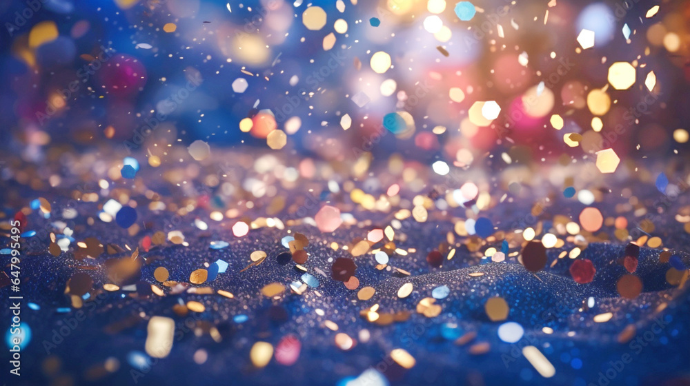 Poster festive background with falling confetti, sparkles and bokeh lights. banner.