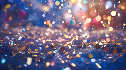 Festive background with falling confetti, sparkles and bokeh lights. Banner.