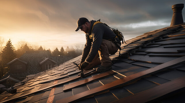 Worker repairing a roof at sunset