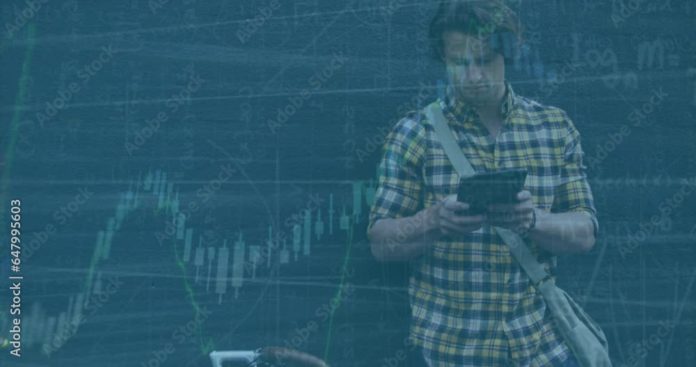 Poster animation of financial data processing against caucasian man using digital tablet on the street