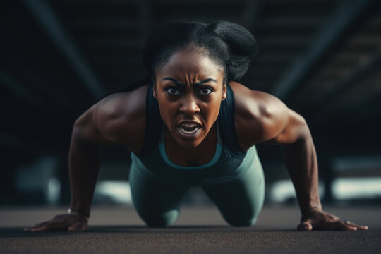 Woman performing push ups on ground. This image can be used to depict fitness, exercise, strength, and health.