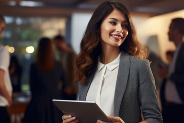Woman in business suit holding tablet computer. This image can be used to illustrate technology, business, and professional concepts.