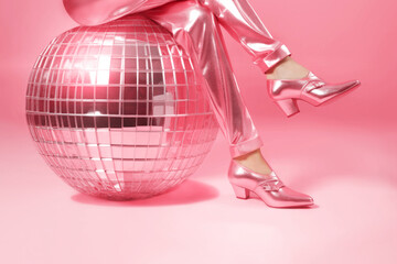 Doll legs in pink shoes and silk trousers with disco ball on pink background. - obrazy, fototapety, plakaty