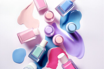 Colorful nail lacquer, nail polish splatter on pastel multi-colored background. Design Cosmetics and fashion background . Colourful nail polish bottles on liquid splash. Top view.