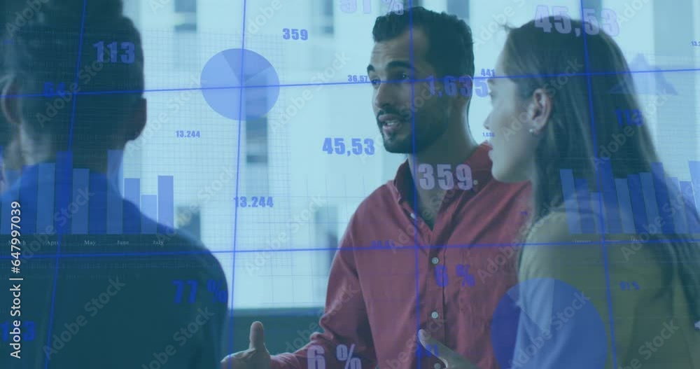 Poster animation of statistical data processing against diverse colleagues discussing together at office
