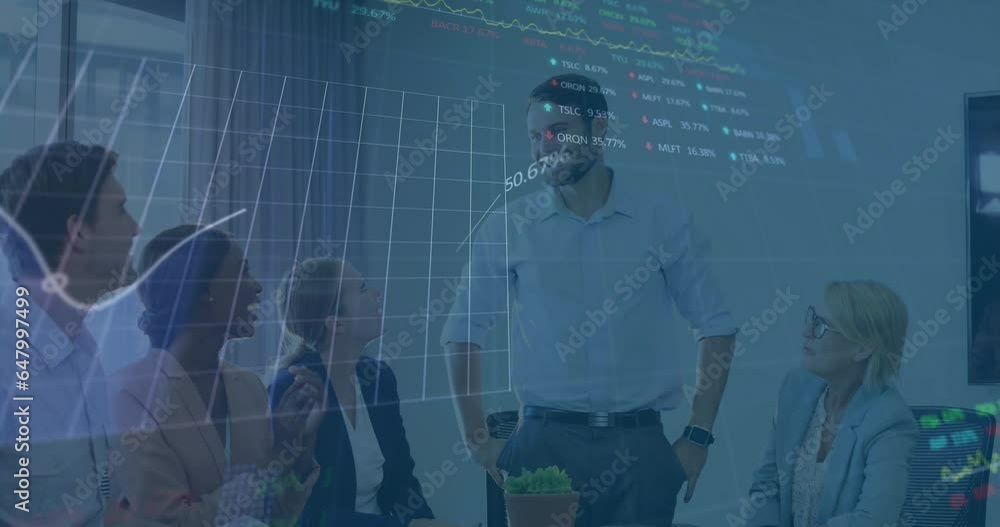 Aufkleber animation of data processing against diverse team of colleagues clapping for caucasian man at office