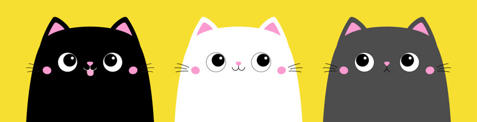 Cute black gray white cat kitten kitty head silhouette icon set. Kawaii cartoon character. Happy Valentines Day. Baby greeting card tshirt notebook cover print. Yellow background. Flat design.