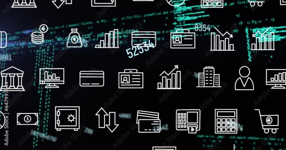 Poster animation of interface with multiple digital icons and data processing against black background