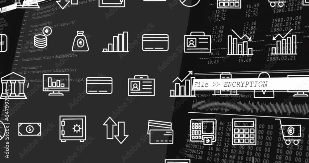 Poster animation of interface with multiple digital icons and data processing against black background