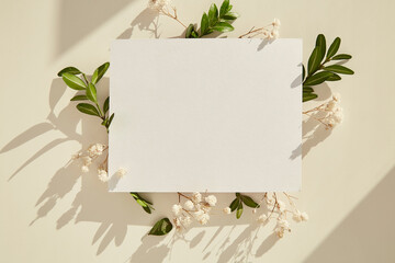 Minimalistic stationery card with leaves and gypsophila under sunny shadows. Mothers Day,...