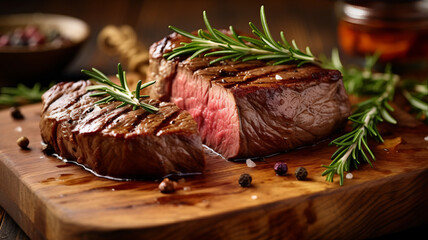 photograph of Beef, Sliced grilled meat steak Rib eye medium rare set on wooden serving board.