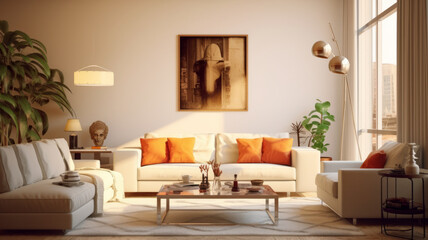 Interior Furniture, Pop art style interior design of modern living room with two beige sofas.generative ai