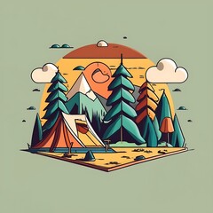 artwork of t-shirt graphic design flat design of a lone tent in the lush forest colorful shades highly detailed clean vector image simple sunrise backdrop generative AI