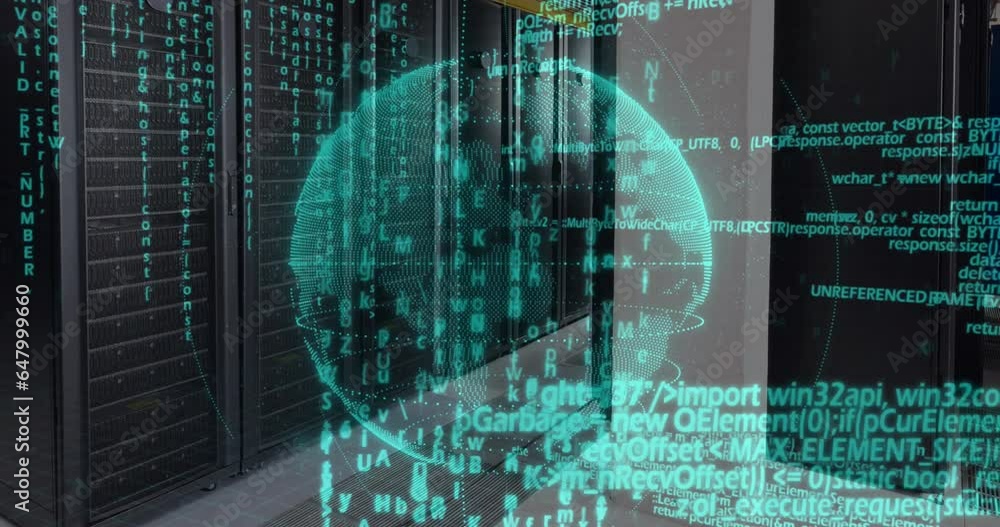 Poster animation of data processing over spinning globe against computer server room