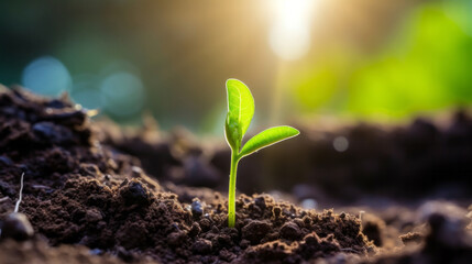 Fototapeta premium Seedling or young plant growing from the rich soil. Environmental and Farming