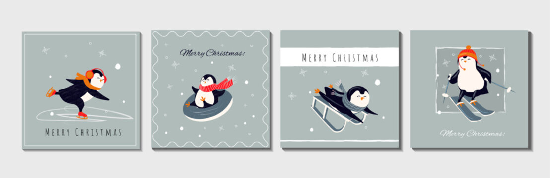 Merry Christmas and Happy New Year! Set of greeting cards with penguin, hand drawn style. Drawings for card, poster or background. Flat cartoon style vector illustration