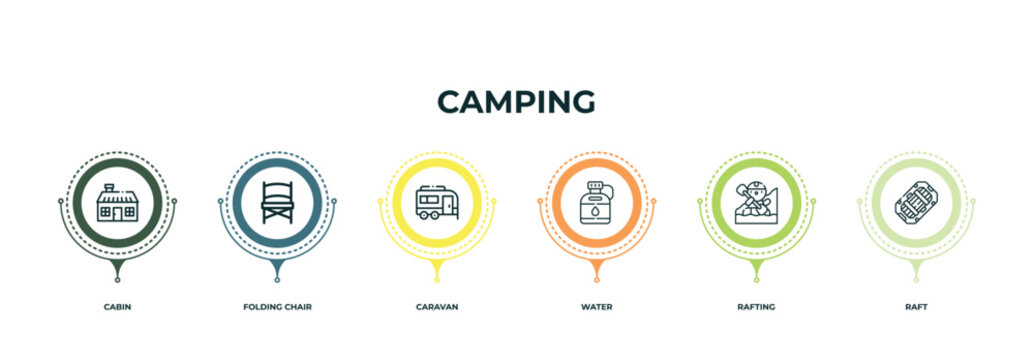 cabin, folding chair, caravan, water, rafting, raft outline icons. infographic template.