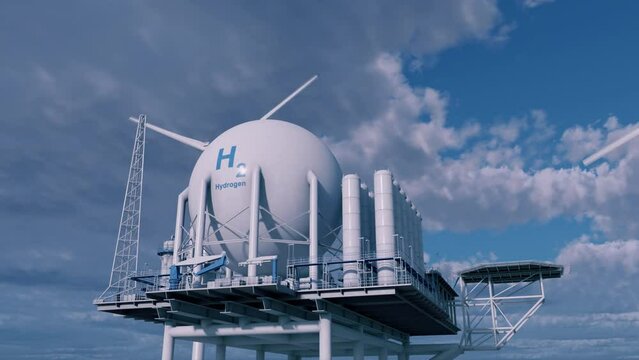 Production of renewable marine energy based on hydrogen. Production of hydrogen by electrolysis from electricity generated by wind farms. 3d rendering.