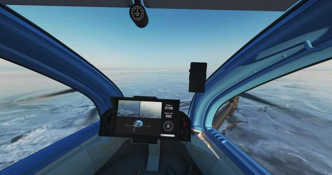 A person controls an aircraft (air taxi). This video is suitable for projects related to the transport of the future and advanced technologies. Flight over the frozen sea. 3d render.