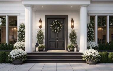 View to entrance door of a modern farmhouse. Beautifully decorated with potted plants. Wooden front door with glass for a luxury house.