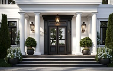 Fototapeta premium View to entrance door of a modern farmhouse. Beautifully decorated with potted plants. Wooden front door with glass for a luxury house.