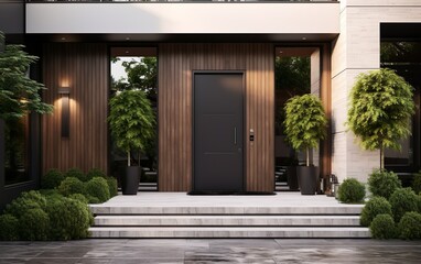 View to entrance door of a modern farmhouse. Beautifully decorated with potted plants.