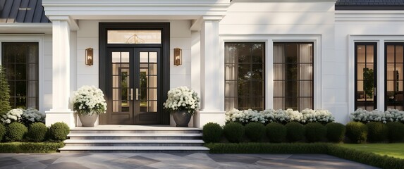 View to entrance door of a modern farmhouse. Beautifully decorated with potted plants. Wooden front door with glass for a luxury house.