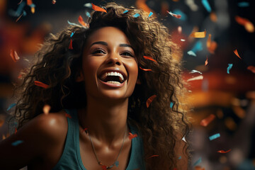 happy african american female sport player celebrating winning with confetti falling