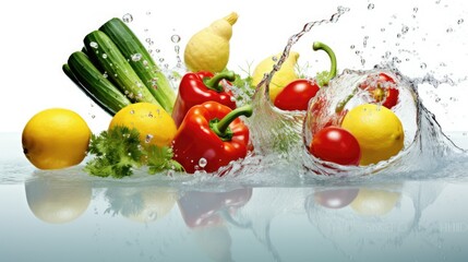 Fresh vegetables splashing in clear water splash, healthy eating concept