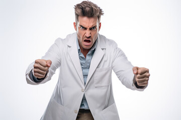 Anger European Man In A White Coat On White Background