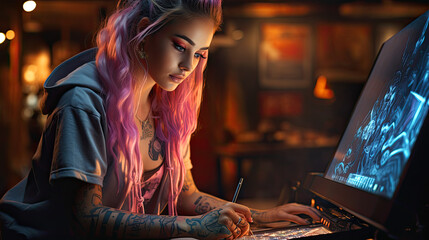 young IT specialist at work. computer geek, Girl with a tatoo
