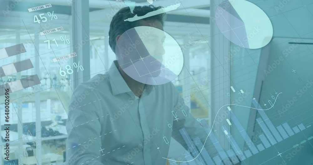 Poster animation of statistical data processing against caucasian man using computer at office