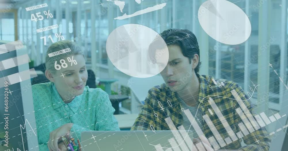 Poster animation of statistical data processing against diverse man and woman discussing at office