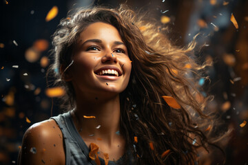 a happy female sport player celebrating winning with confetti falling generative ai