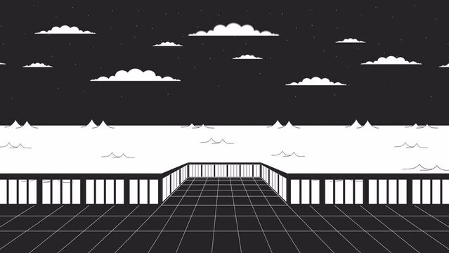 Pier at night bw outline cartoon animation. Quay water. Atmospheric landscape 4K video motion graphic. Skyline nighttime. Stars sea 2D monochrome linear animated background, aesthetic lofi wallpaper