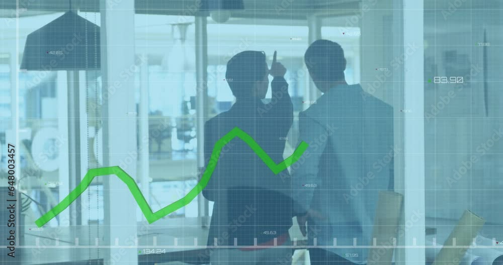 Poster animation of data processing against diverse man and woman discussing over memo notes at office