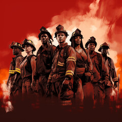Fototapeta premium Diverse group of firefighters on a red background.