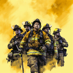 Naklejka premium Diverse group of firefighters on a yellow background.