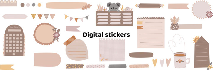 Blank hand-drawn digital stickers. Digital note papers and stickers for bullet journaling or planning. Digital planner stickers. Vector art.